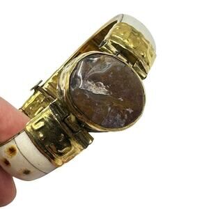 VINTAGE  BONE HINGED CUFF  BANGLE BRACELET  GEMSTONE BRASS ACCENTS  - NWOT
#2